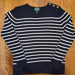 Lauren Ralph Lauren Lightweight Fitted Navy White Silk Sweater Size Medium